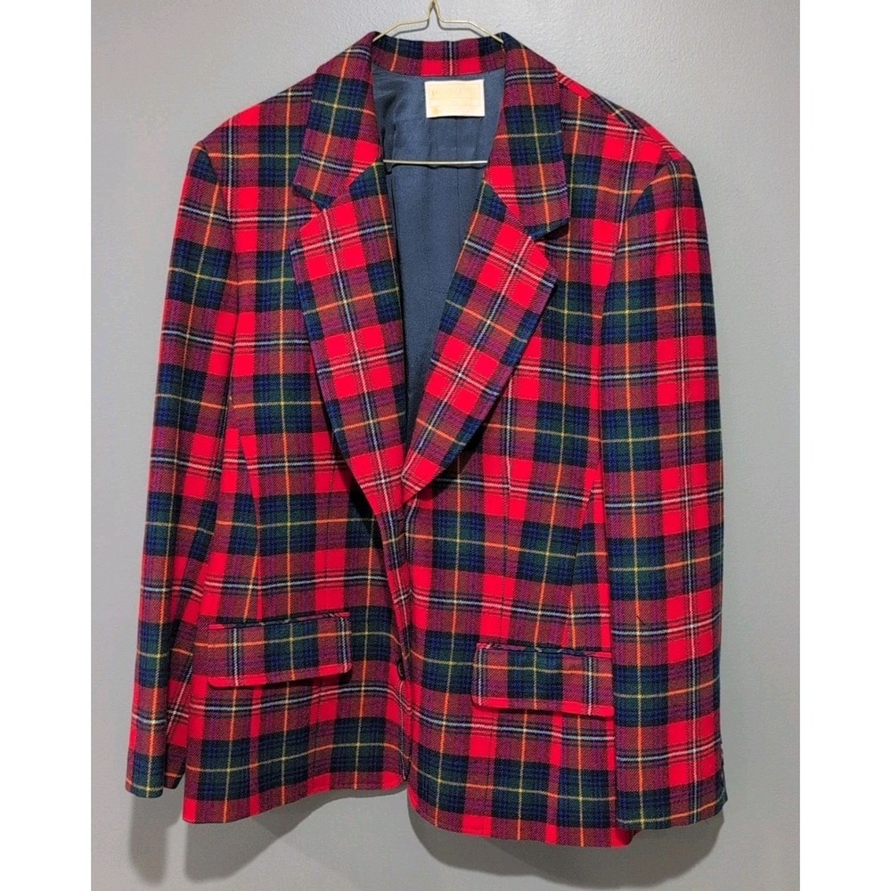 Vintage 1970s–80s Pendleton Red Tartan Plaid 100% Virgin Wool Blazer Size 14 USA - Picture 2 of 9